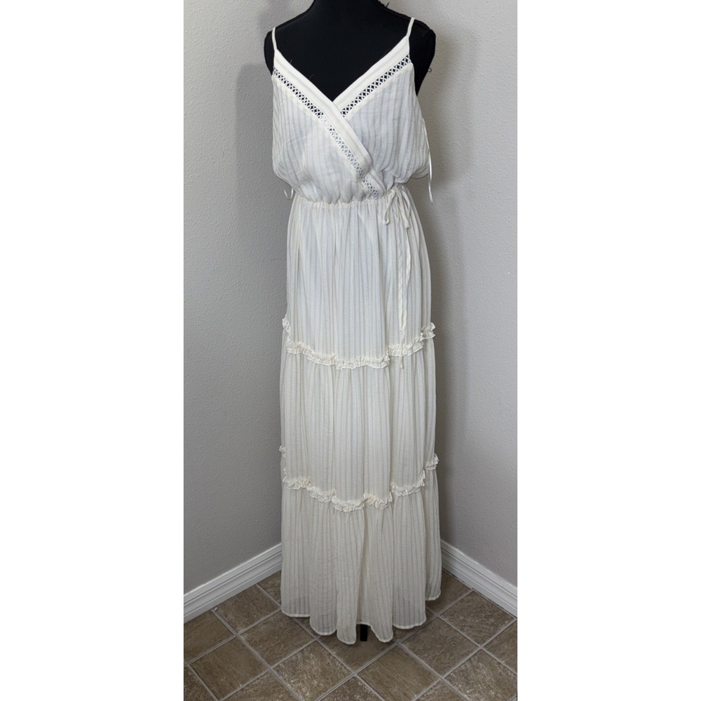 Aura Maxi Dress Women's‎ Small Cream & Tan Pintuck Ruffle Tiered Cottage Boho